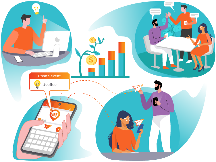 Meestory lets employees announce free-time activities and automatically gathers companions form the workplace. As a result the company benefits from the cohesive and performing workplace community.
